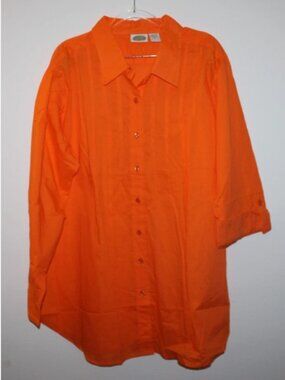 Orange XL Button Front Blouse All Cotton Convertible Sleeves Shirt Top